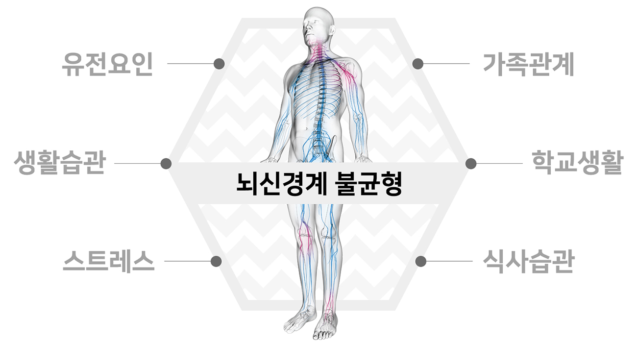 뇌신경계의 불균형. 타고난 체질에 의해, 살면서 만나는 여러가지 환경들 때문에 불균형은 점점 심해집니다.