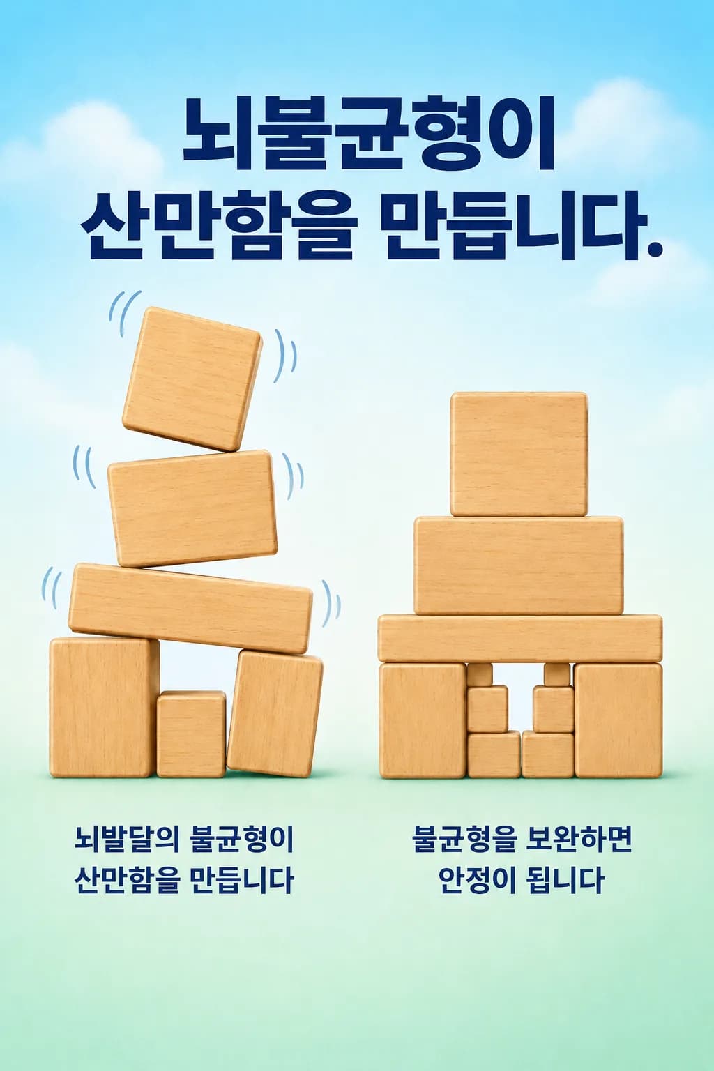 욕구는 크고 조절하는 힘이 약한 상태, 그리고 전두엽이 블록의 위층이라 늦게 올라간다는 비유