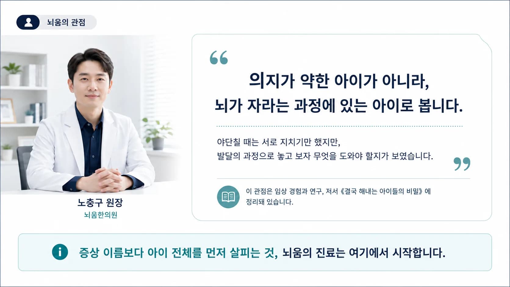 뇌움한의원 노충구 원장의 사진과 이름이 함께 실린 소개 카드