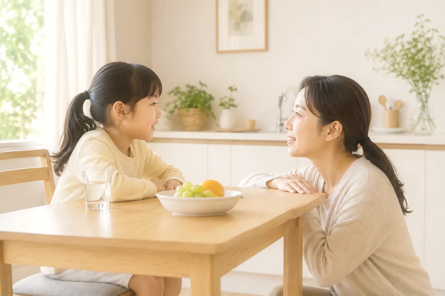 식탁에서 부모가 아이와 눈높이를 맞추고 마주 앉아 이야기하는 모습