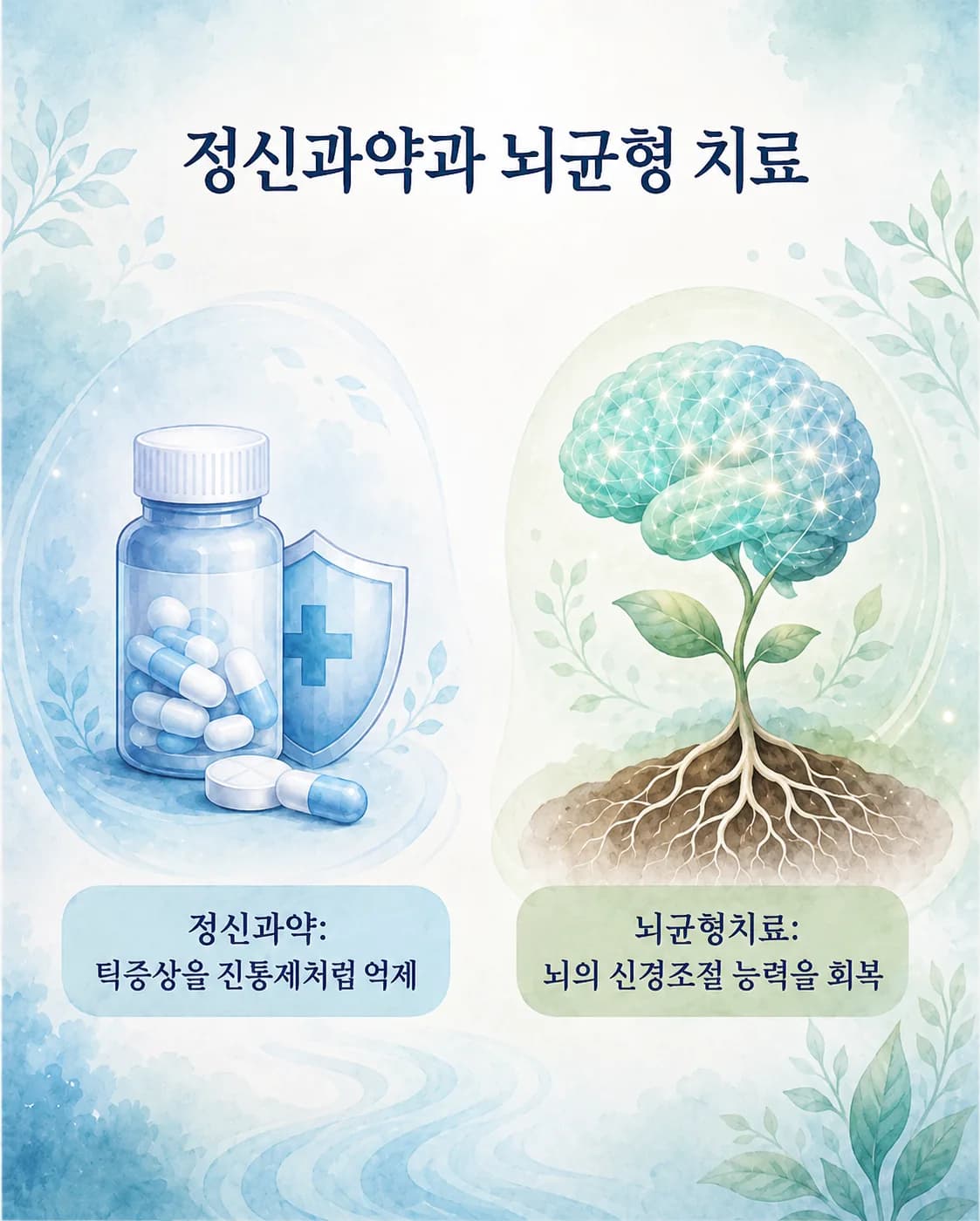 성인 틱장애 치료에서 정신과 약은 증상을 빠르게 안정시키고 뇌 발달 접근은 배경을 다지는, 대립이 아닌 역할 분담이라는 뇌움 관점 도식
