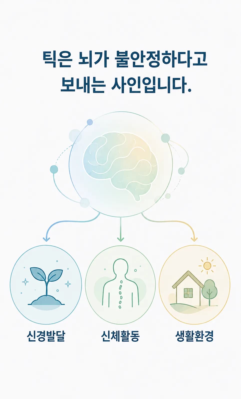 틱의 확정 원인을 단정하지 않고 발달·신체·생활 배경을 함께 살피는 뇌움의 뇌불균형 관점 개념도