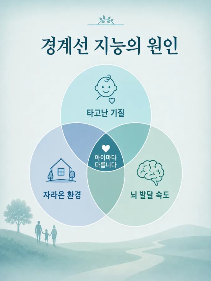 타고난 기질과 자라온 환경, 뇌가 자라는 속도 등 여러 요인이 겹쳐 작용한다는 것을 나타낸 도식
