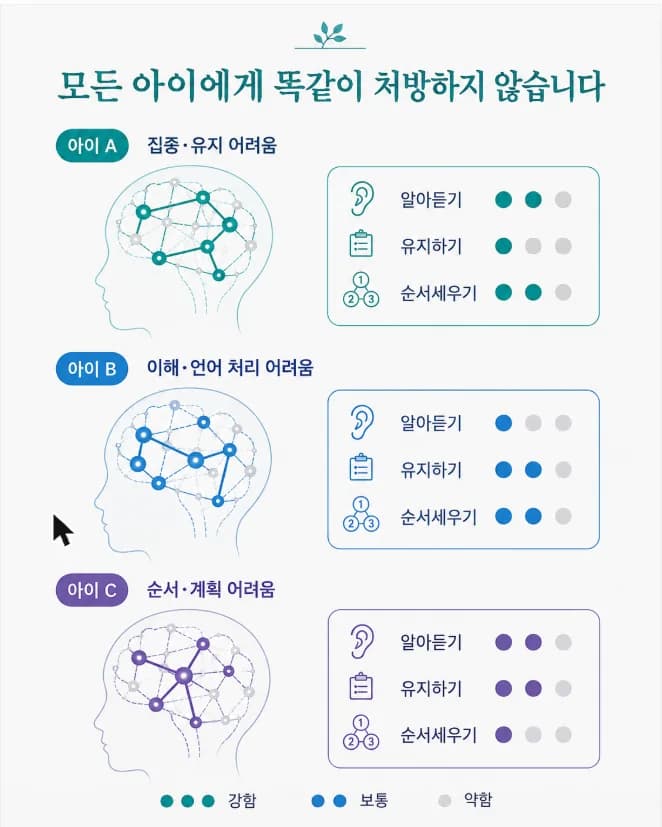 아이마다 뇌에서 더딘 곳이 달라 도울 곳도 달라진다는 것을 기능 노드와 연결선으로 보여주는 도식