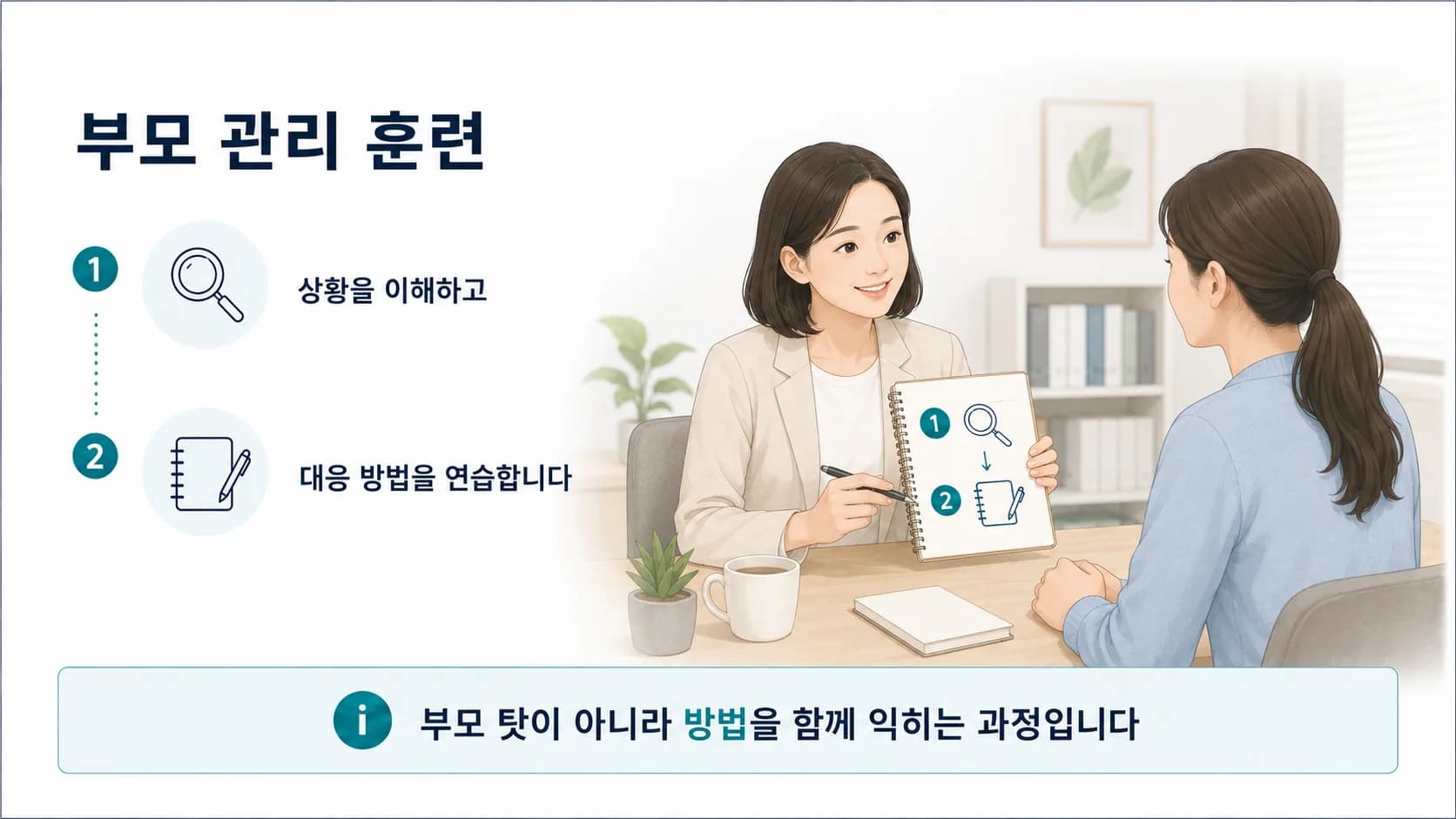 부모 관리 훈련에서 상담자와 아이 대응 방법을 익히는 부모