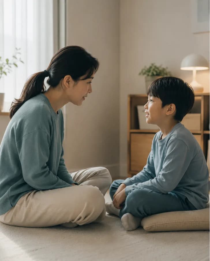 부모와 둘이서만 조용히 이야기를 나누는 형제 아이