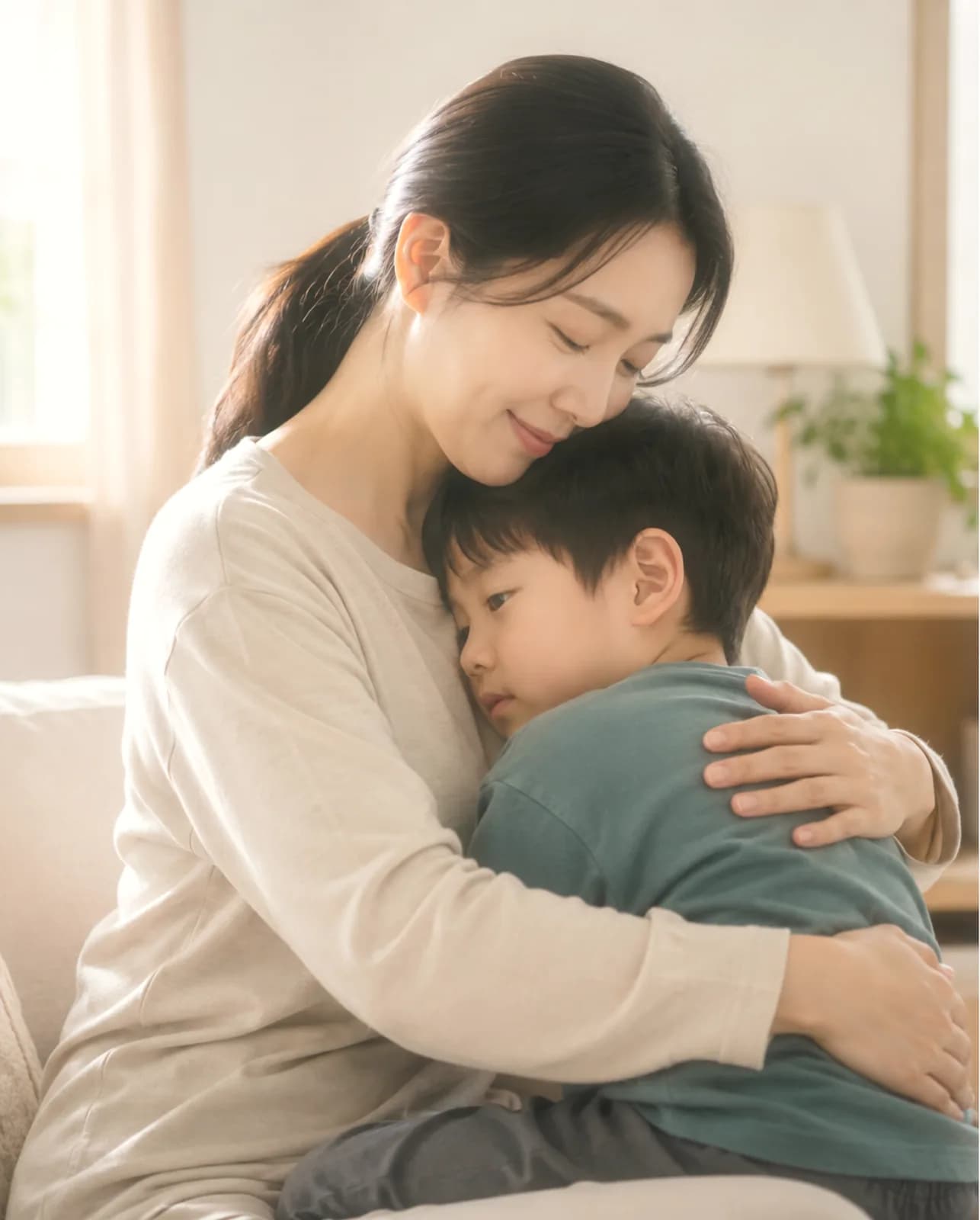 야뇨가 있는 아이를 안아 주며 다독이는 부모
