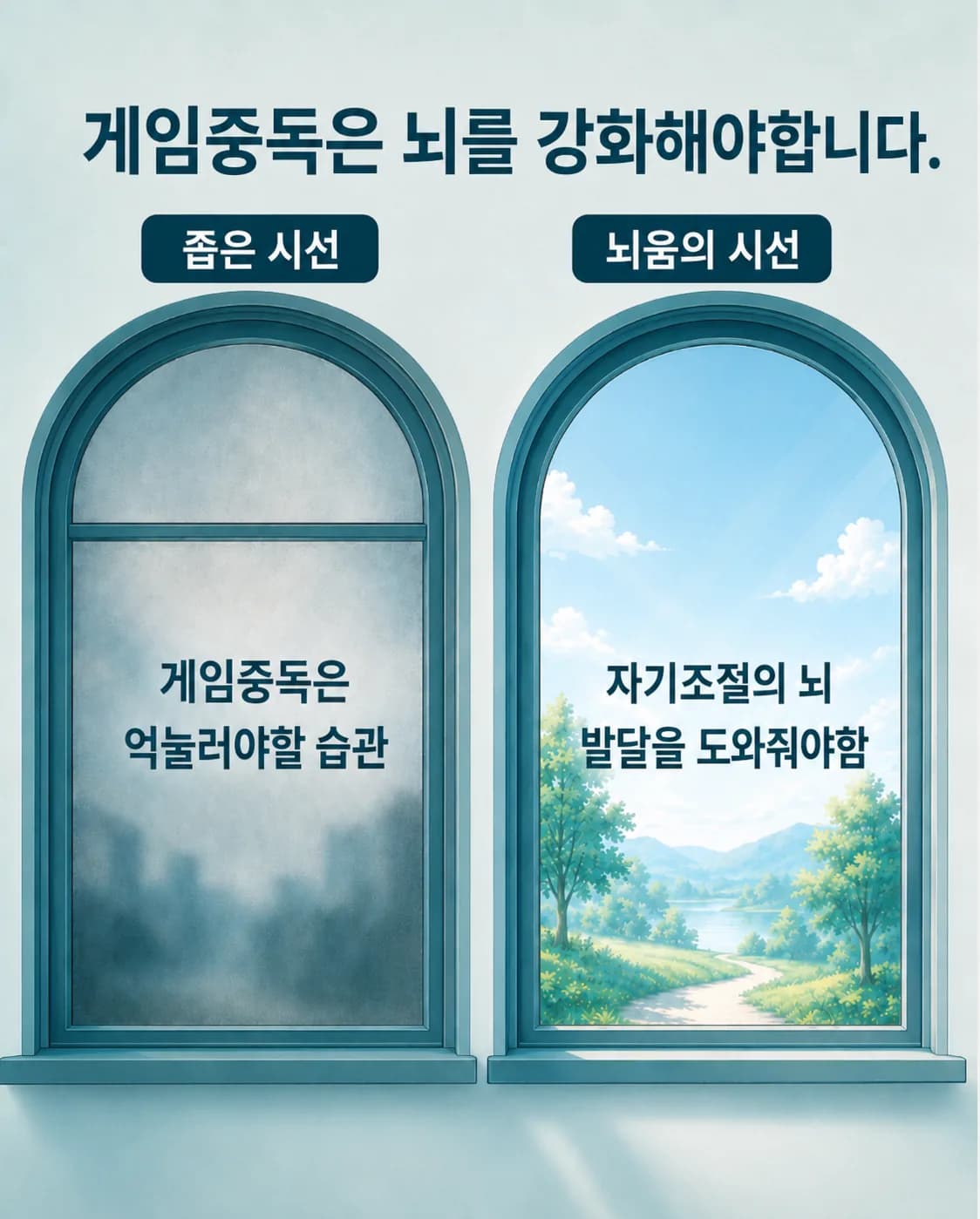 게임중독을 억눌러야 할 습관으로 보는 좁은 시선과, 자기조절의 뇌 발달을 도와야 한다는 뇌움의 시선을 창문으로 대비한 그림