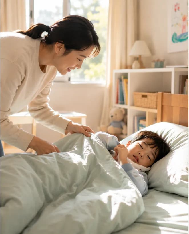 아침에 잘 일어나지 못하는 아이를 부모가 들여다보는 모습