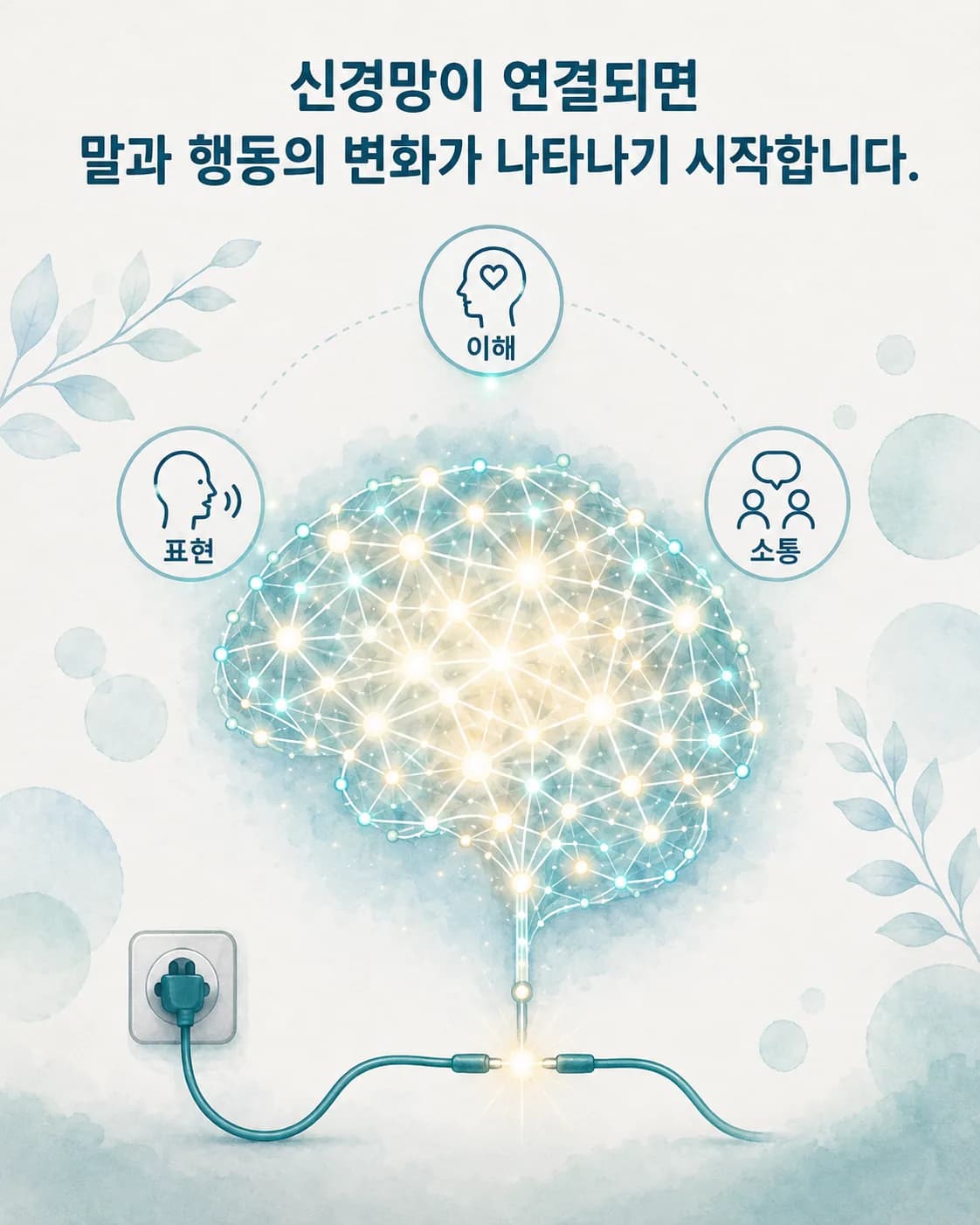 이해·표현·소통 노드가 연결되고 전선 끝의 전구에 불이 켜지는 뇌움 관점의 언어 발달 연결 이미지