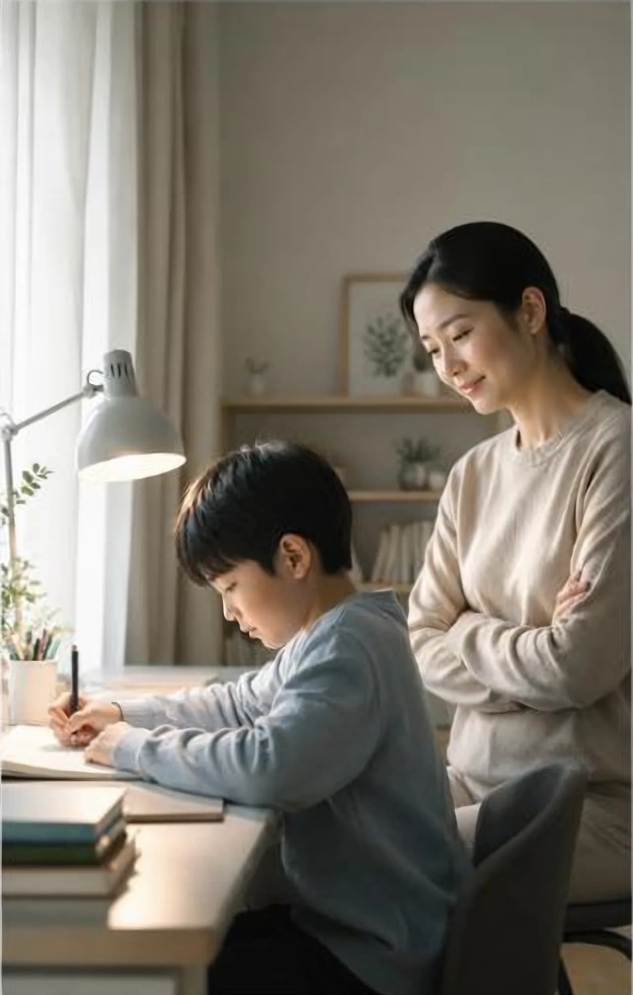 숙제하는 아이 옆에 앉아 지켜보는 부모