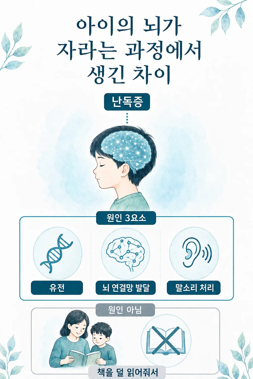 난독증의 원인 세 가지를 정리한 그림. 유전, 뇌 연결망의 발달, 말소리 처리 세 요소가 위쪽에 놓이고, 아래쪽에 부모의 양육과 아이의 노력은 원인이 아니라는 구분이 따로 표시되어 있다.