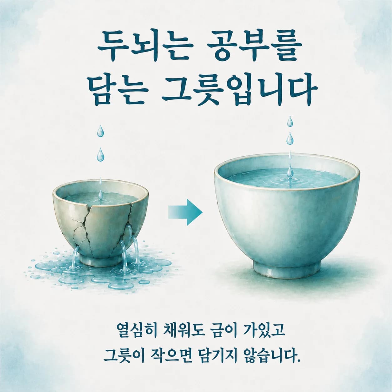 그릇 비유 도식. 왼쪽은 작고 금이 간 그릇에서 담은 것이 새어 나가고, 오른쪽은 그릇이 커지고 금이 메워지는 동안에도 위에서 계속 담기고 있는 모습.