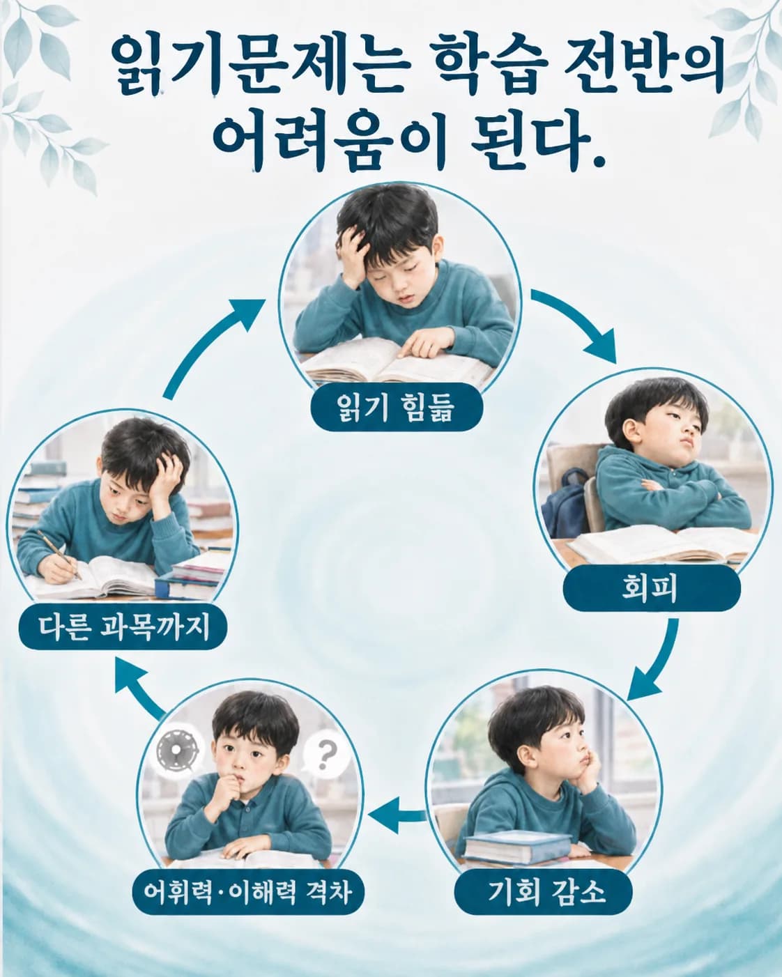 읽기 어려움이 읽기 회피, 읽을 기회 감소, 어휘력과 이해력 격차, 다른 과목의 어려움으로 이어지는 순환 도식과 이 고리를 끊을 수 있는 지점