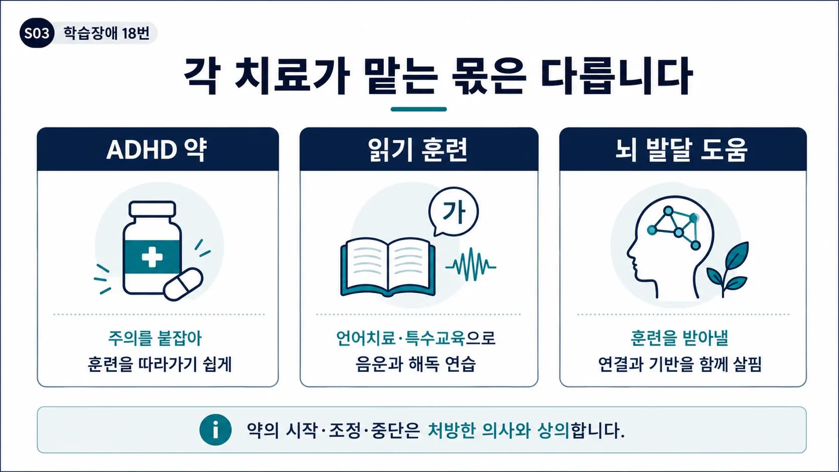 ADHD 약, 읽기 훈련(언어치료·특수교육), 뇌 발달을 돕는 자리가 각각 맡는 몫을 같은 크기로 나란히 놓은 역할 분담 도식