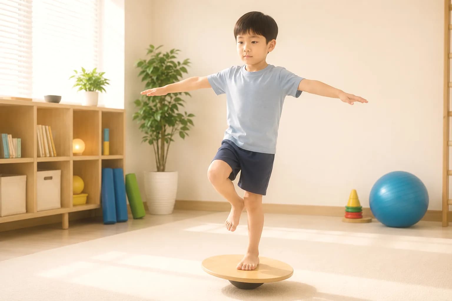 아이가 균형판 위에서 한 발로 서서 자세를 잡는 뇌움핏 훈련 장면