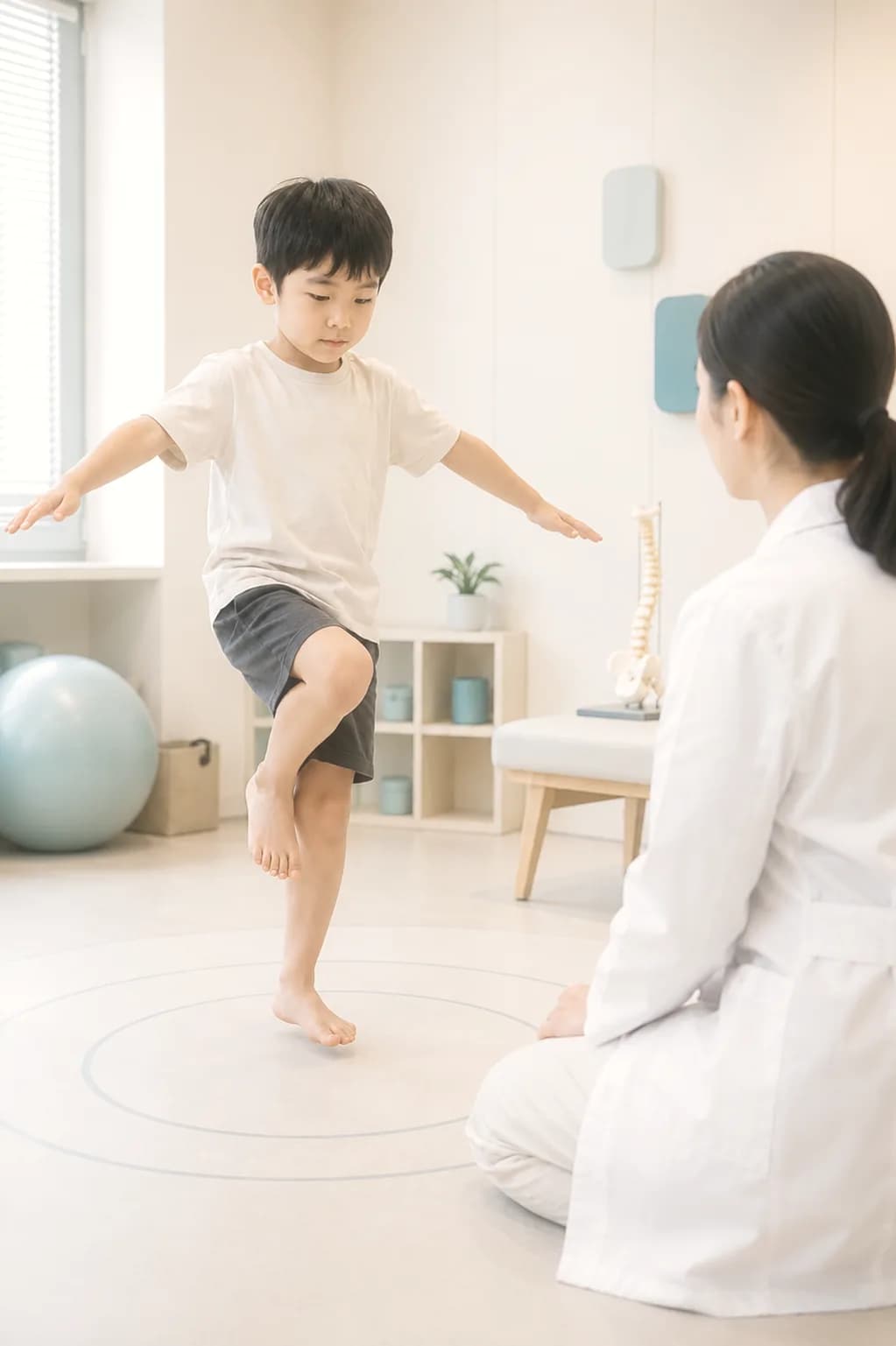 아이가 한 발로 서서 균형 상태를 확인하는 뇌불균형 검사 장면