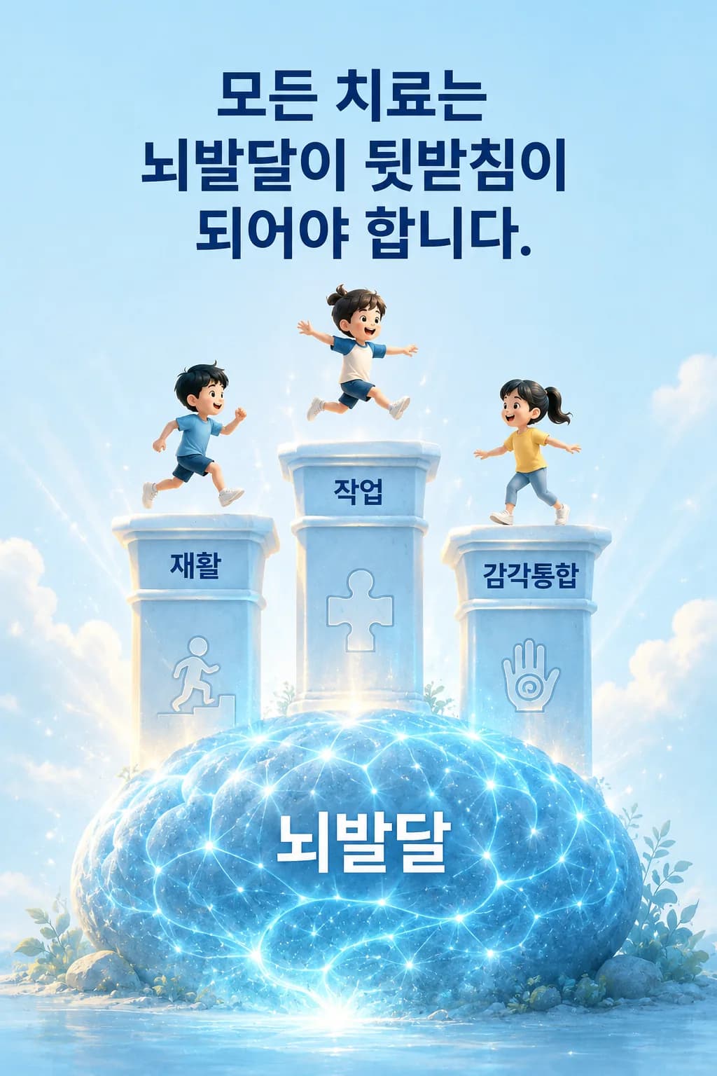 재활치료·작업치료·감각통합치료 등 여러 치료가 뇌 발달을 기반으로 이뤄진다는 것을 기둥과 뇌 그림으로 나타낸 도식