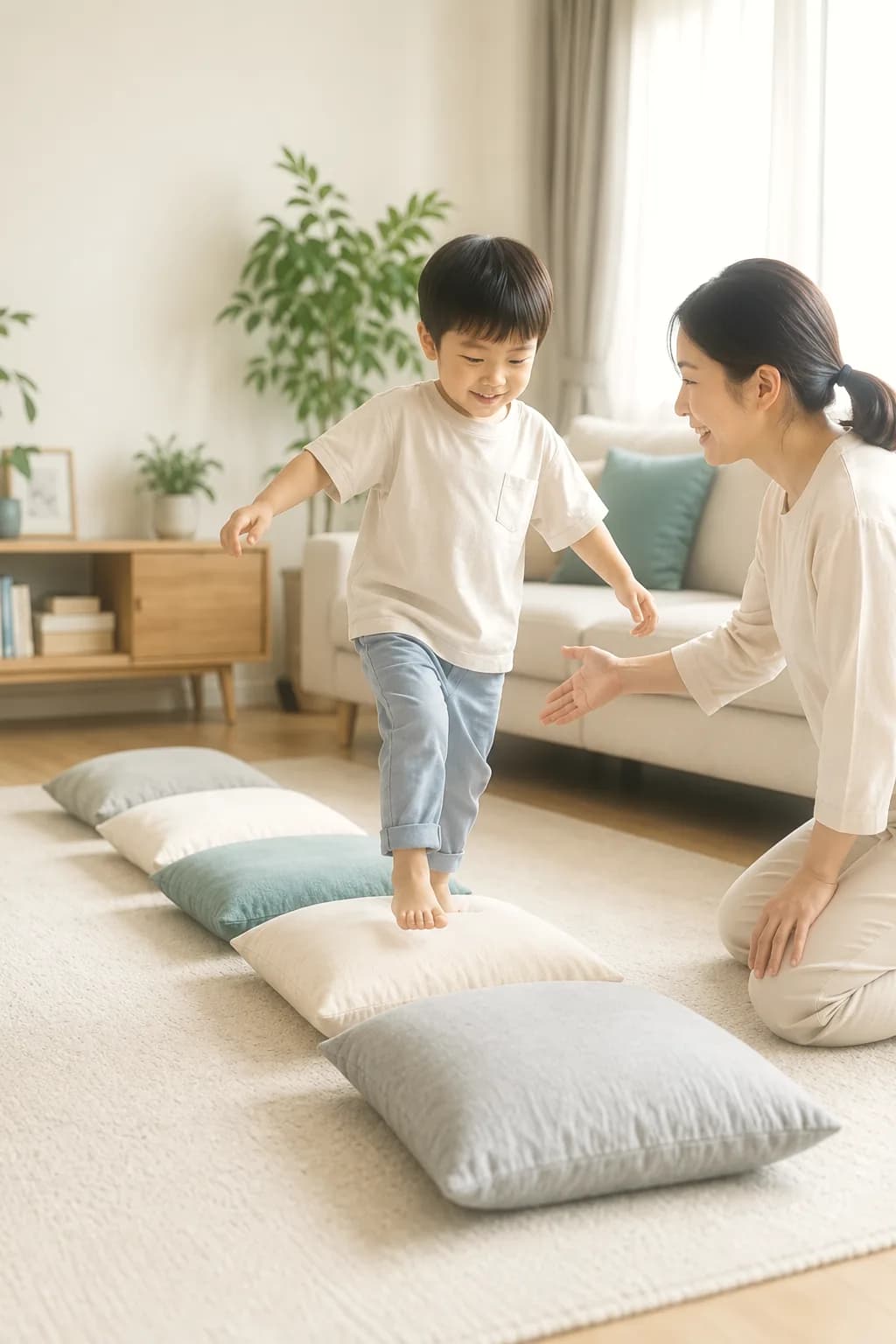 집 거실에서 베개를 징검다리처럼 밟고 건너며 균형을 잡는 아이