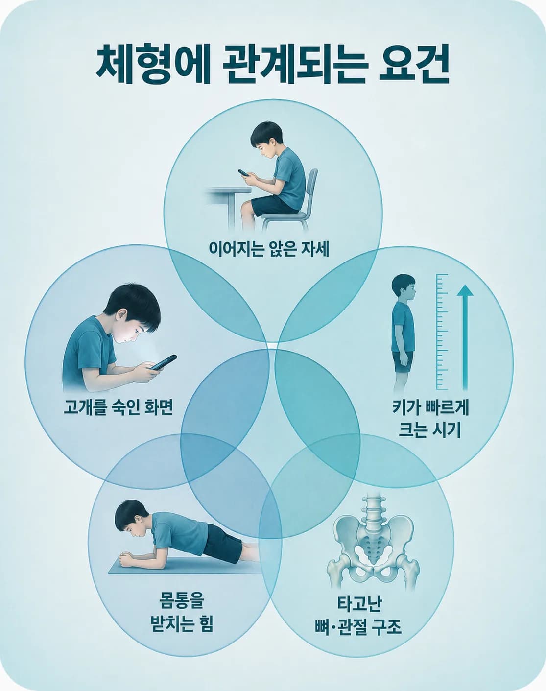 생활 습관·급성장·몸을 받치는 힘·타고난 구조가 겹쳐 아이 자세에 영향을 준다는 도식