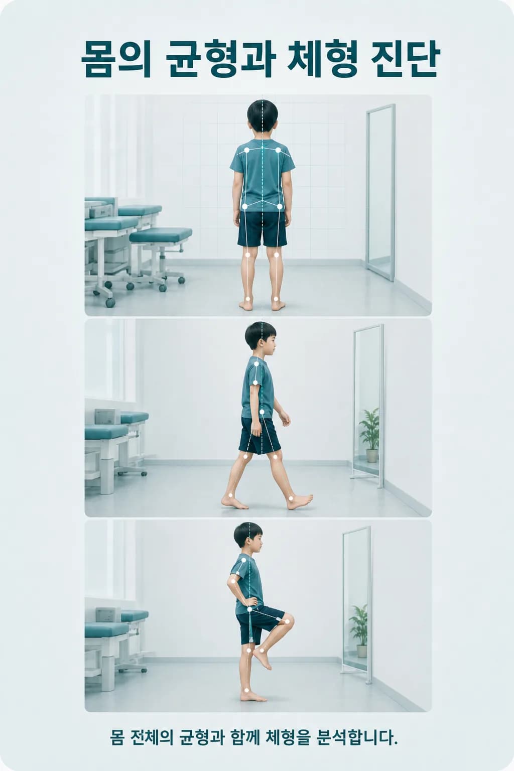 척추측만증 진단과 각도 측정은 정형외과, 몸 전체 균형 관찰은 뇌움한의원이 맡는다는 역할 구분 도식