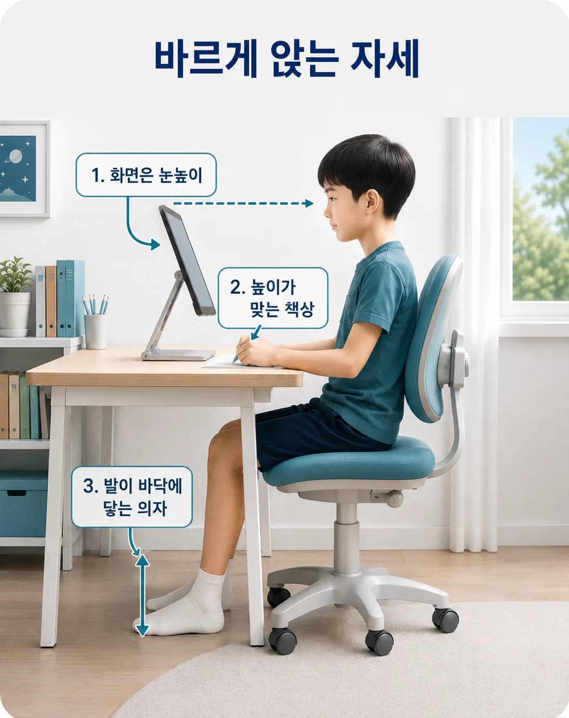 아이 자세를 위한 책상과 화면 높이를 보여주는 도식