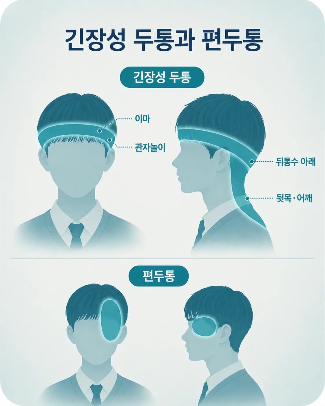 긴장성 두통이 나타나는 자리. 이마와 관자놀이에서 뒤통수 아래와 뒷목·어깨까지 띠처럼 이어진다