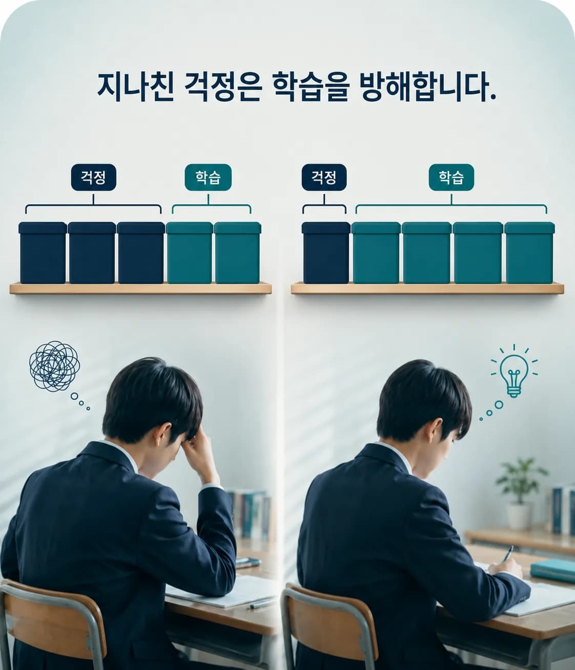 시험 중 머릿속에서 걱정이 자리를 차지하면 문제를 올려 둘 공간이 줄어드는 것을 선반에 비유한 도식