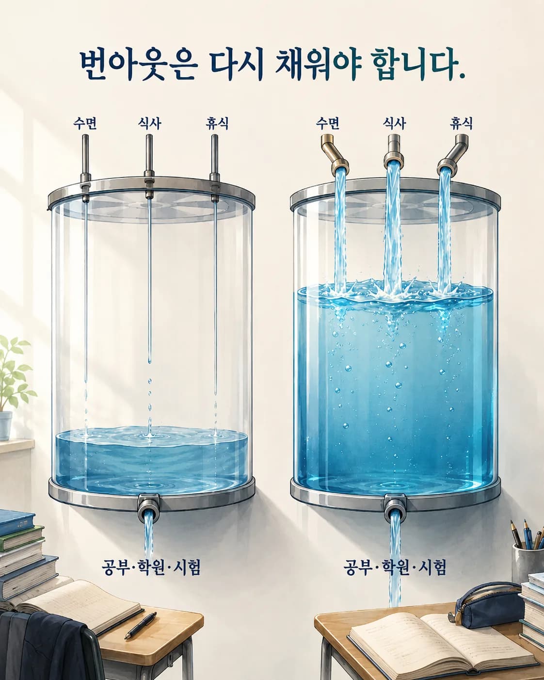 번아웃 회복 도식. 잠과 식사, 몸을 쓰는 시간이 들어와야 쓸 힘이 다시 채워진다