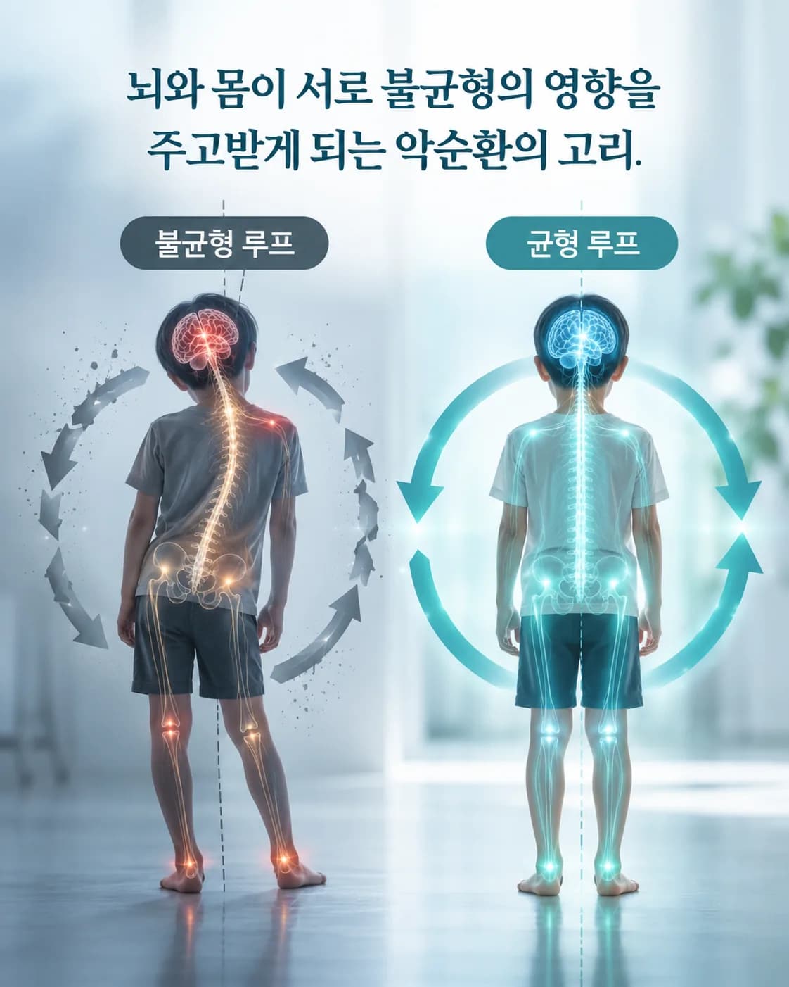뇌와 몸, 구조와 기능이 서로 영향을 주는 불균형 루프와, 이를 균형 루프로 돌려놓는 뇌움치료의 방향을 보여 주는 도해