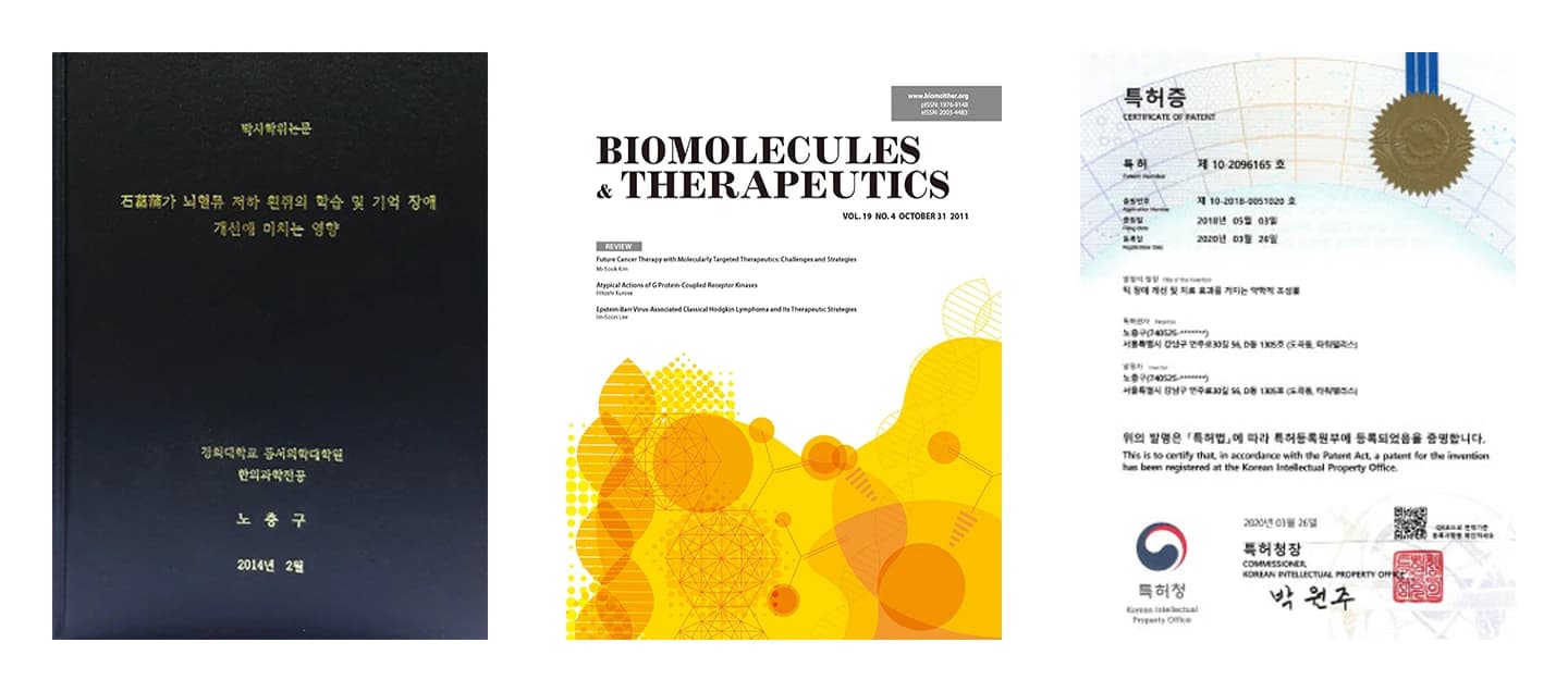 노충구 원장 경희대학교 박사학위논문 표지, Biomolecules & Therapeutics 학술지 표지, 뇌움탕 특허증