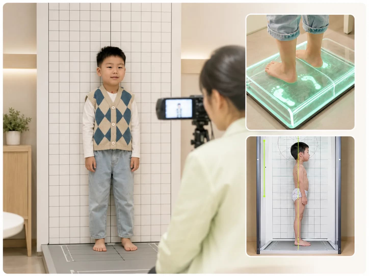 뇌움한의원에서 아이의 머리부터 족부까지 구조적 균형을 확인하는 모습