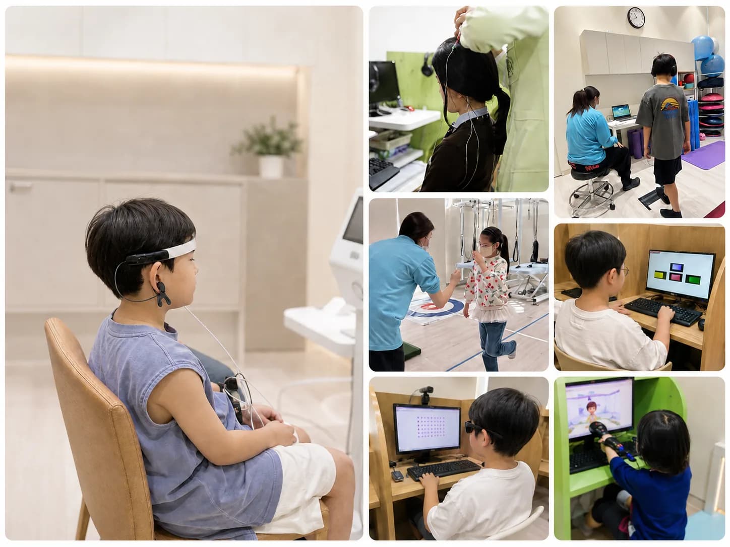 뇌움한의원에서 아이가 뇌파 검사·자율신경 검사·시지각 검사 등 신경 기능 검사를 편안하게 받는 모습