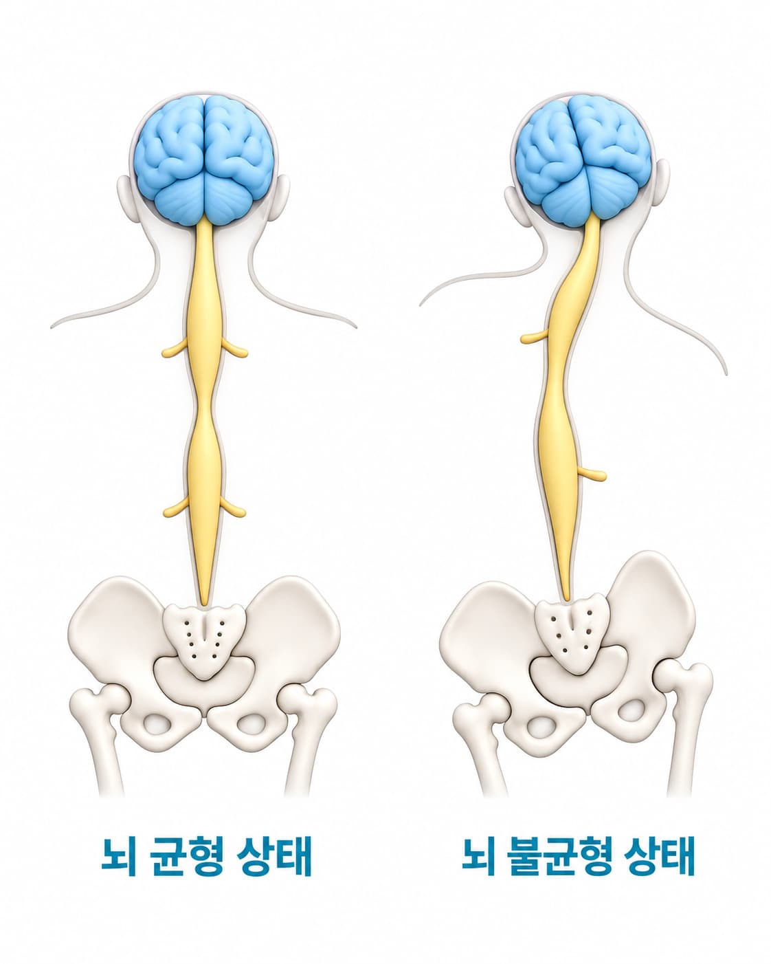 뇌움한의원의 관점에서 뇌 기능 간의 균형과 불균형을 비교한 개념도. 두뇌와 신경을 표현한 그림으로 기능 간의 조절 관계를 설명합니다.