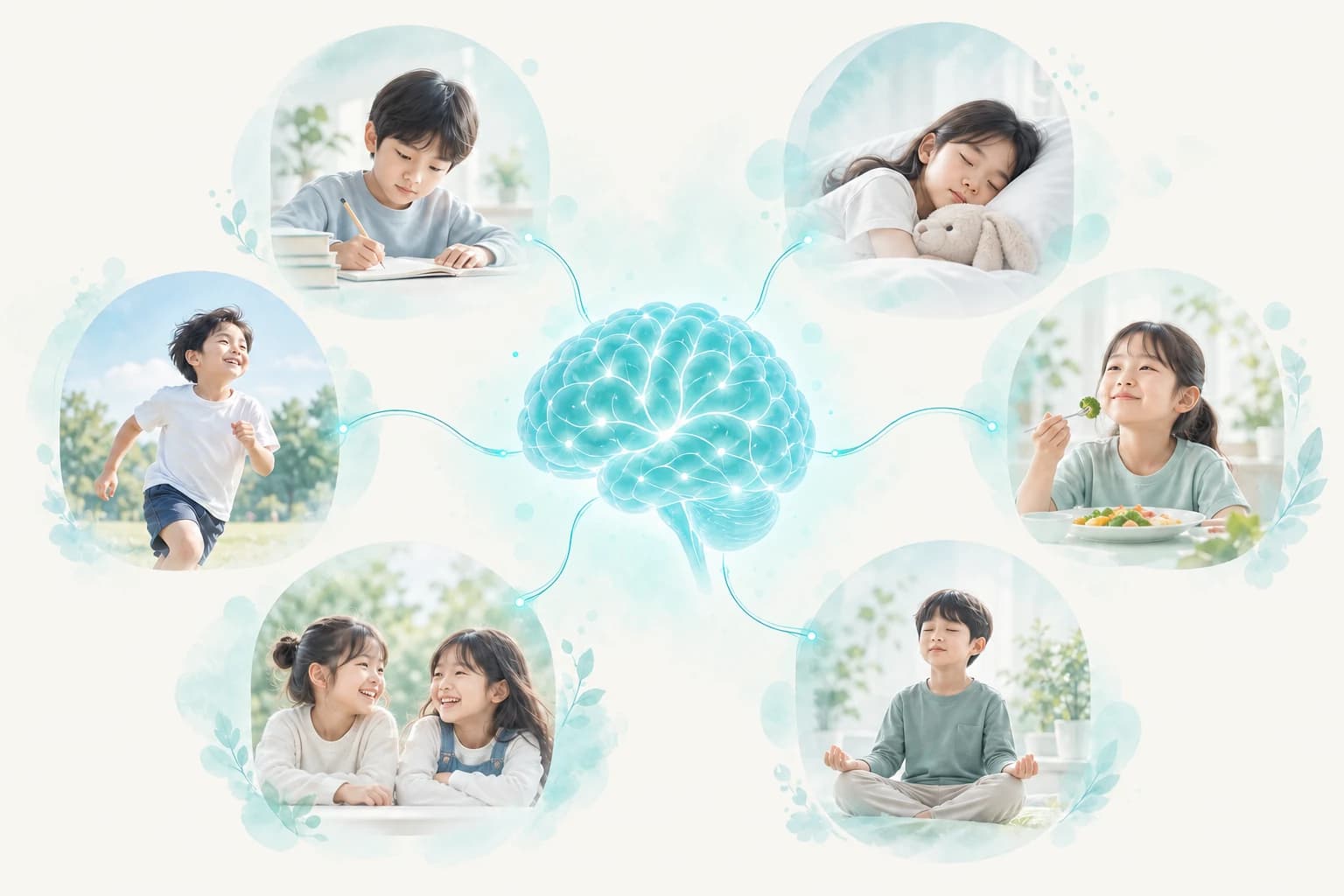 가운데 뇌를 중심으로 공부·잠·놀이·식사·대화·명상하는 아이들이 연결된 도해