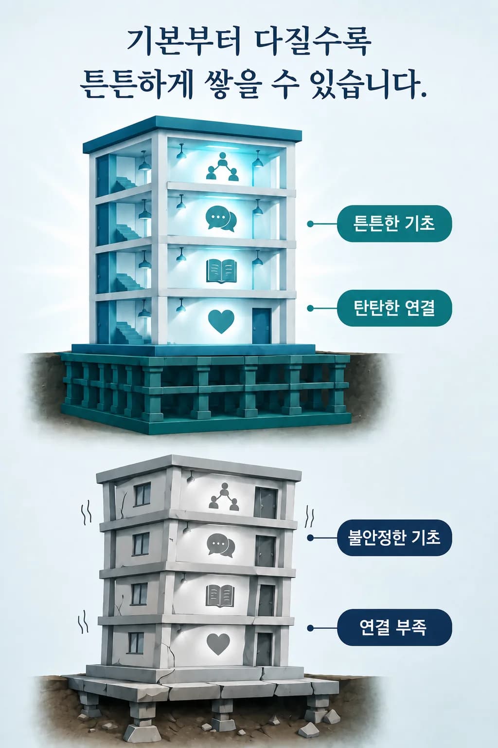 아래층부터 차근히 다지며 올린 건물과, 아래층이 부실한 채로 위층을 올리는 건물을 나란히 그린 그림