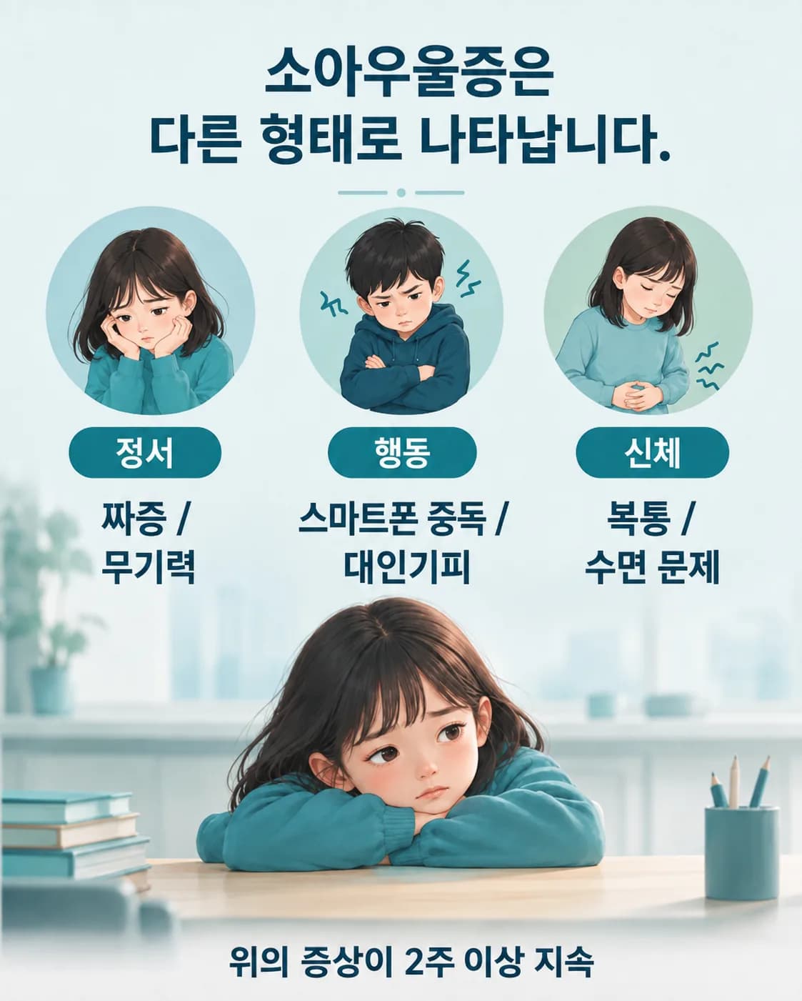 아이 우울이 정서·행동·신체 세 갈래로 나타나는 모습을 나타낸 그림