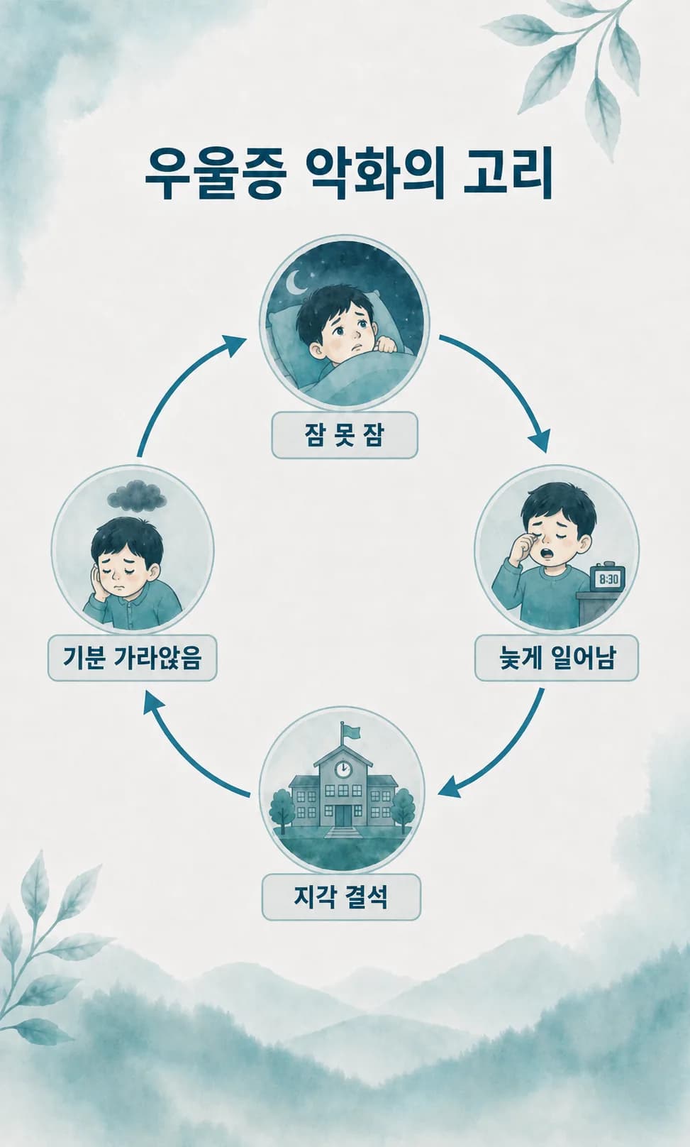 기분과 생활 리듬이 서로 영향을 주며 가라앉는 악순환 고리를 나타낸 도식