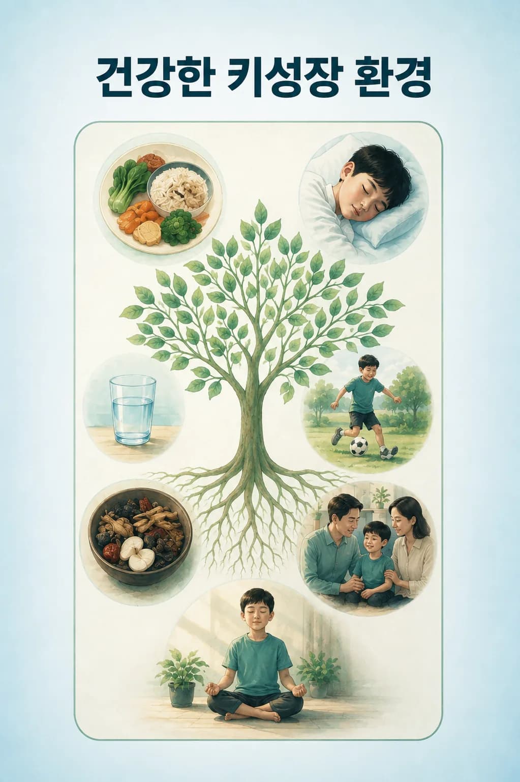 건강한 키 성장을 돕는 환경 여섯 가지 — 균형 잡힌 식사·충분한 수면·수분·운동·가족의 지지·정서 안정을 나무 둘레에 배치한 그림