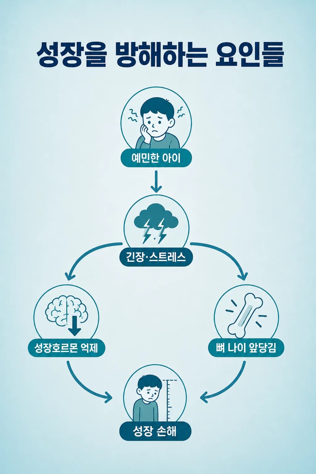 긴장이 오래 이어질 때 성장호르몬과 뼈 나이에 나타나는 변화를 나타낸 도식